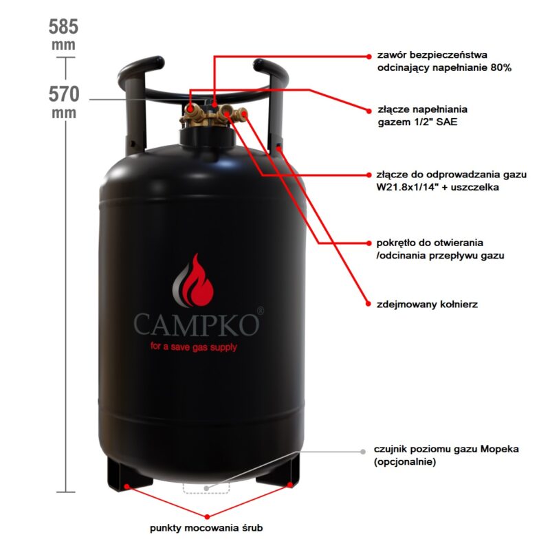 Butla zbiornika gazu stalowa CAMPKO 16kg (30l) z wielozaworem „Multi” 80%